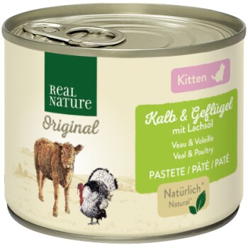 REAL NATURE Original mokra karma dla kotów, kociąt Cielęcina i drób z olejem lnianym 6x200 g