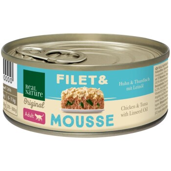 REAL NATURE Filet & Mousse Adult Kurczak i tuńczyk z olejem lnianym 12x85 g