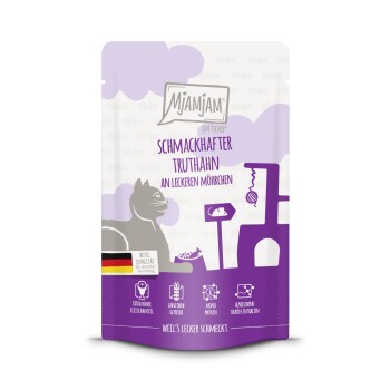 MjAMjAM mokra karma dla dorosłych kotów, Quetschie, Indyk z marchewką 12x125 g