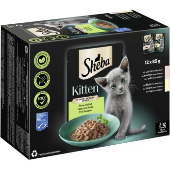 Sheba Wielopak dla kociąt w sosie Dobra różnorodność z łososiem, z kurczakiem MSC 12 x 85 g
