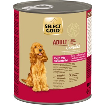SELECT GOLD Sensitive mokra karma dla dorosłych Konina z batatami 6x800 g