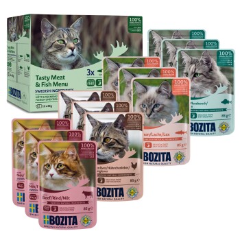BOZITA Karma mokra Adult Kawałeczki w galarecie z rybą i mięsem Multibox 12 x 85 g