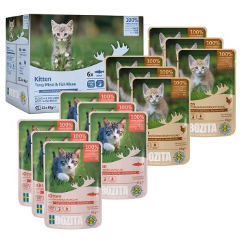 BOZITA Karma mokra Kawałeczki w sosie z rybą i mięsem dla kociąt Multibox 12 x 85 g