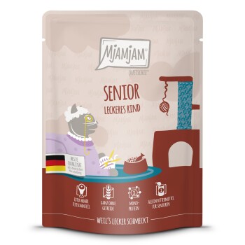 MjAMjAM Karma mokra dla kotów Senior Quetschie DUO z delikatnej kaczki i królika 6 x 300 g Wołowina 6x300 g
