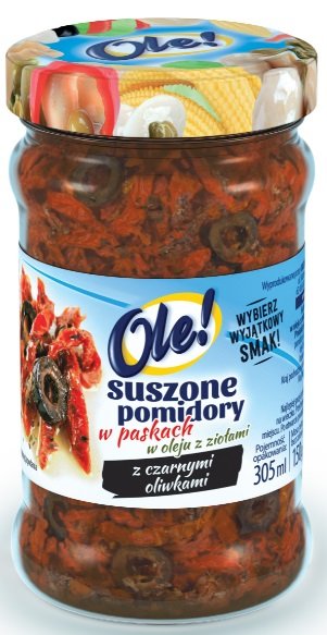 Ole! Suszone pomidory w paskach w oleju z ziołami z czarnymi oliwkami 270 g