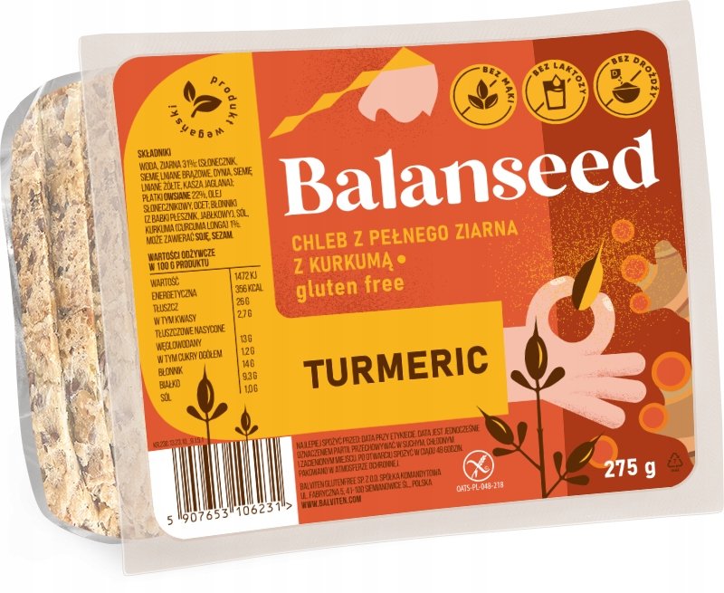 Balanseed. Chleb z pełnego ziarna z kurkumą 275g. Produkt bezglutenowy