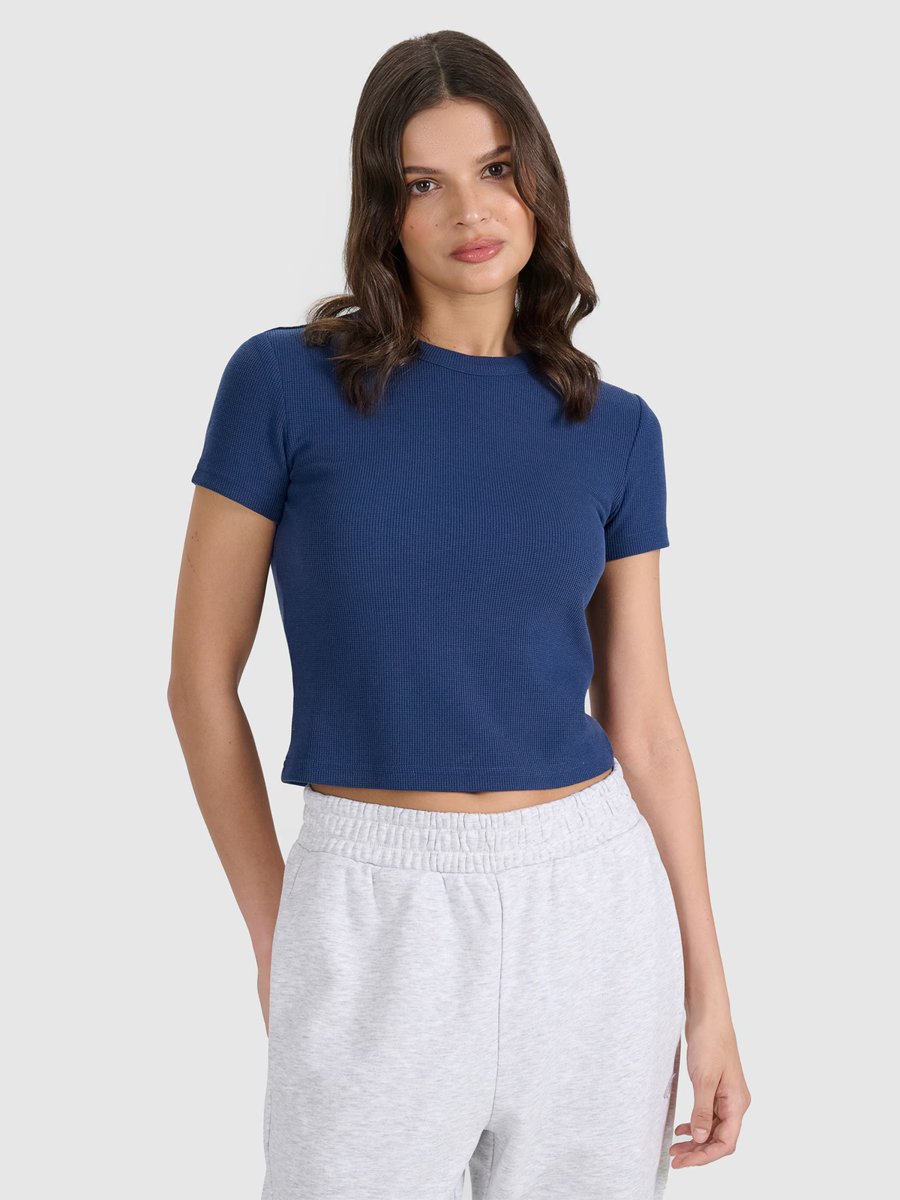 4F T-shirt slim z waflowej dzianiny damski 4FRSS25TTSHF2749-30S Niebieski Roz. L