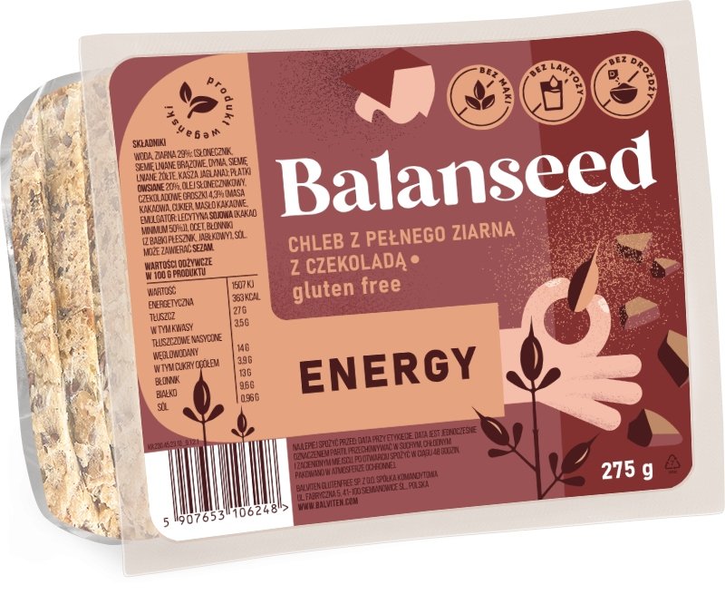 Balanseed. Energy. Chleb z pełnego ziarna z czekoladą 275g. GF