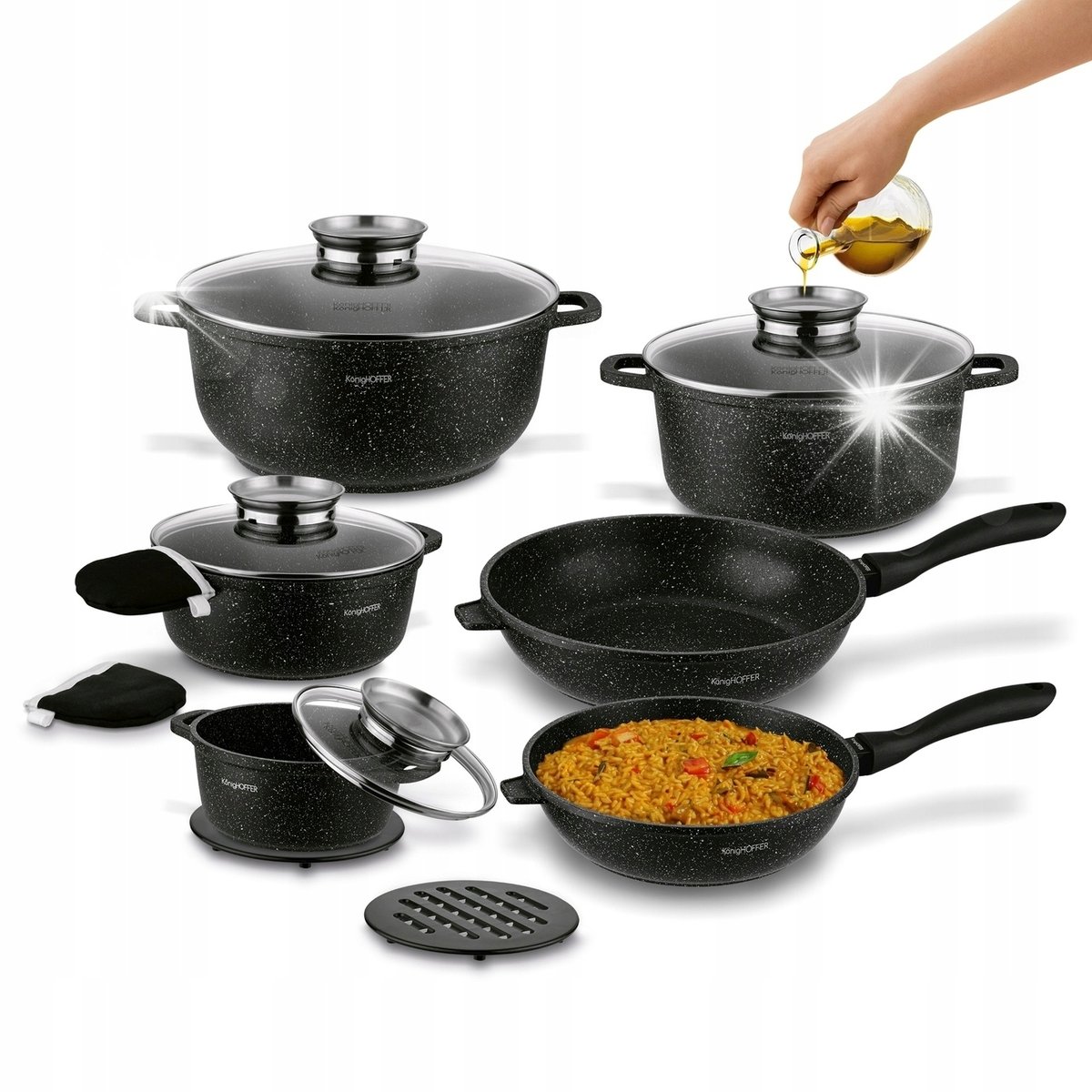 Zestaw GARNKÓW Indukcja PATELNIE Marmurkowe Gaz Konighoffer Pollo 14 el