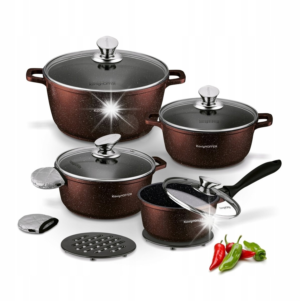 Zestaw GARNKÓW Indukcja z POKRYWKĄ GAZ SOLIDNE Konighoffer Pollo Brown 12el