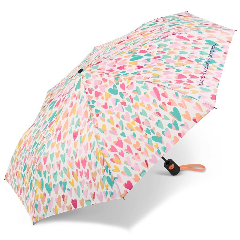 Benetton 59046 parasolka parasol damski biały w kolorowe serca Z POKROWCEM