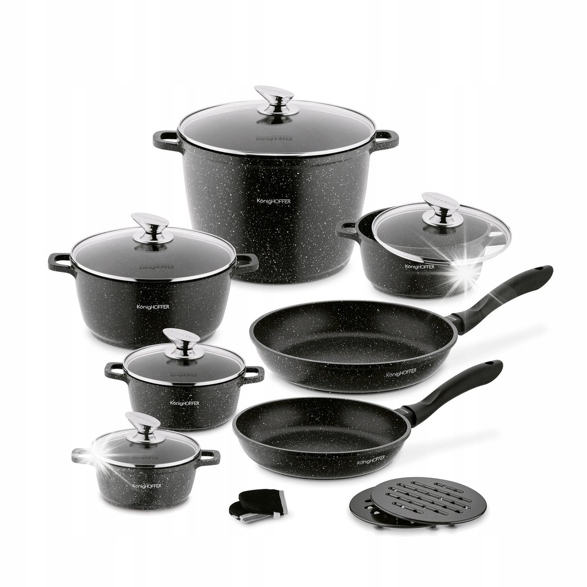 Zestaw GARNKÓW PATELNI z Pokrywkami DUŻY + Podkładki Konighoffer Pollo 16el