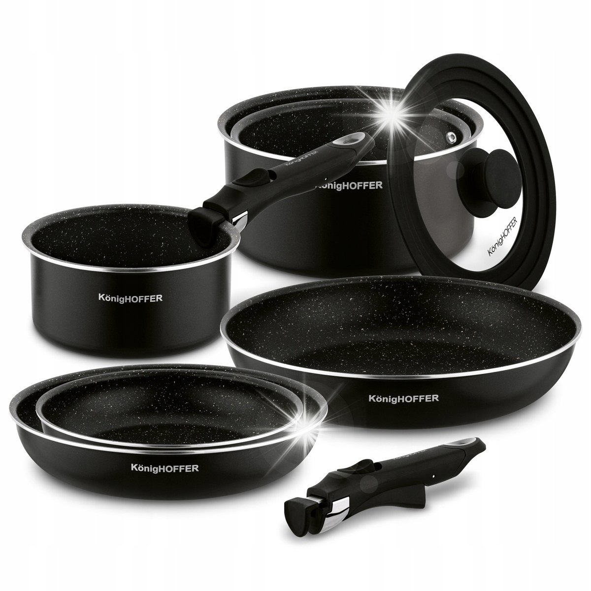 Zestaw PATELNIE NA GAZ GARNKI ODPINANA RĄCZKA POKRYWKA silikonowa Spinel