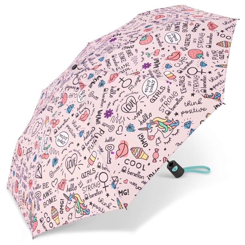 Benetton 59057 parasolka parasol damski różowy z napisami Z POKROWCEM