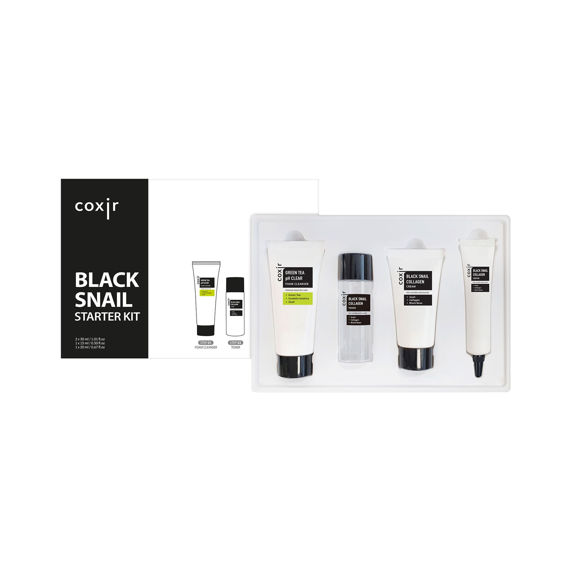 COXIR BLACK SNAIL COLLAGEN LINE Zestaw regenerujący z mucyną ślimaka i kolagenem, 30ml + 30ml + 20ml + 15ml