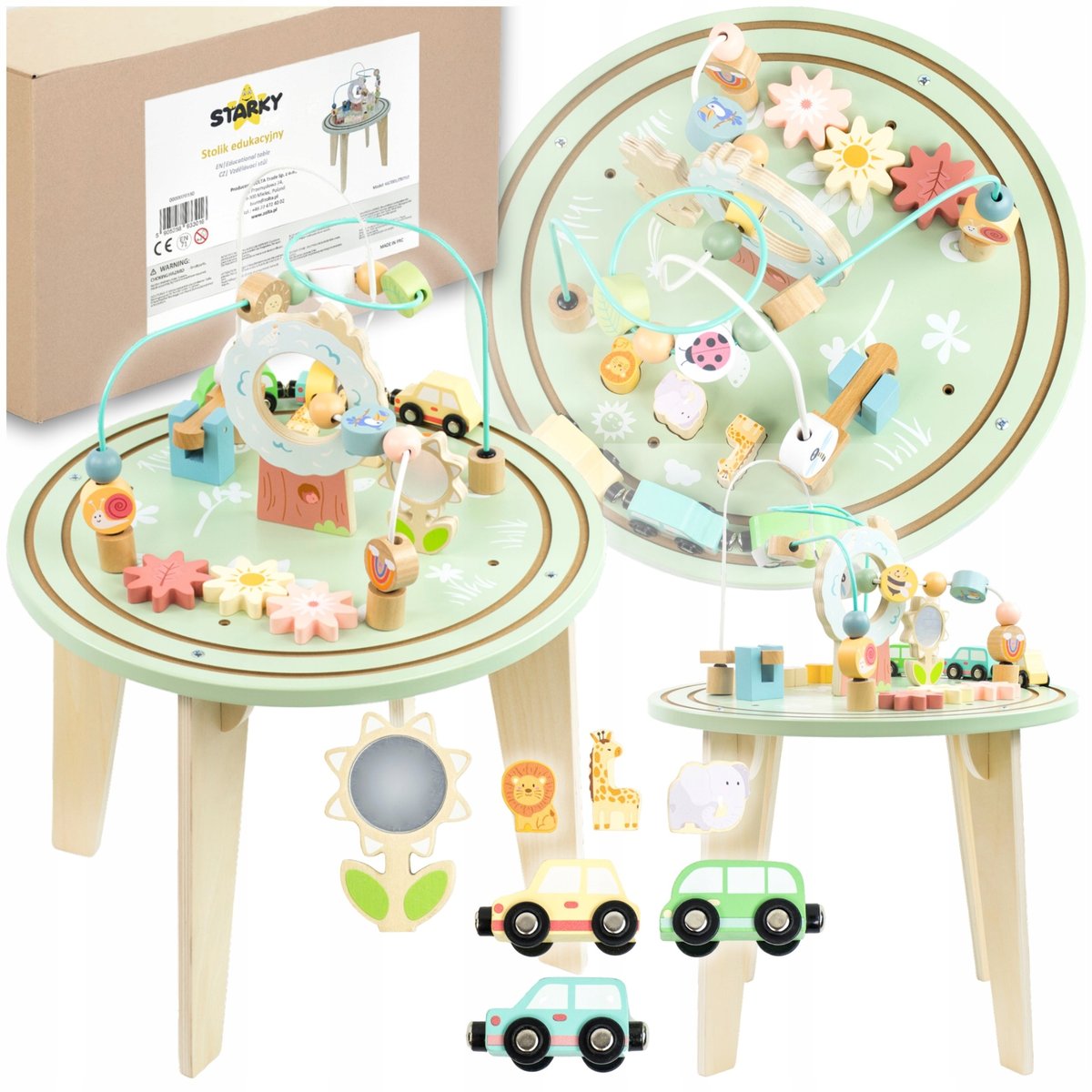 DREWNIANY STOLIK EDUKACYJNY DLA DZIECI STOLICZEK KOLEJKA AKTYWNOŚCI ZABAWY