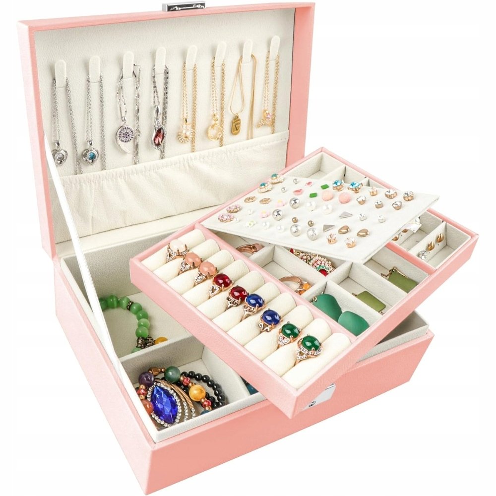 Homeanda Różowe pudełko na biżuterię 2-warstwowe - elegancka szkatułka