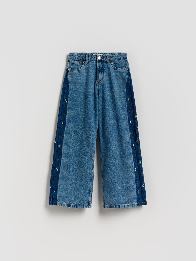 Reserved - Jeansy wide leg z haftem - niebieski