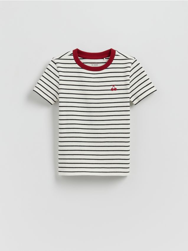 Reserved - Bawełniany t-shirt w paski - złamana biel