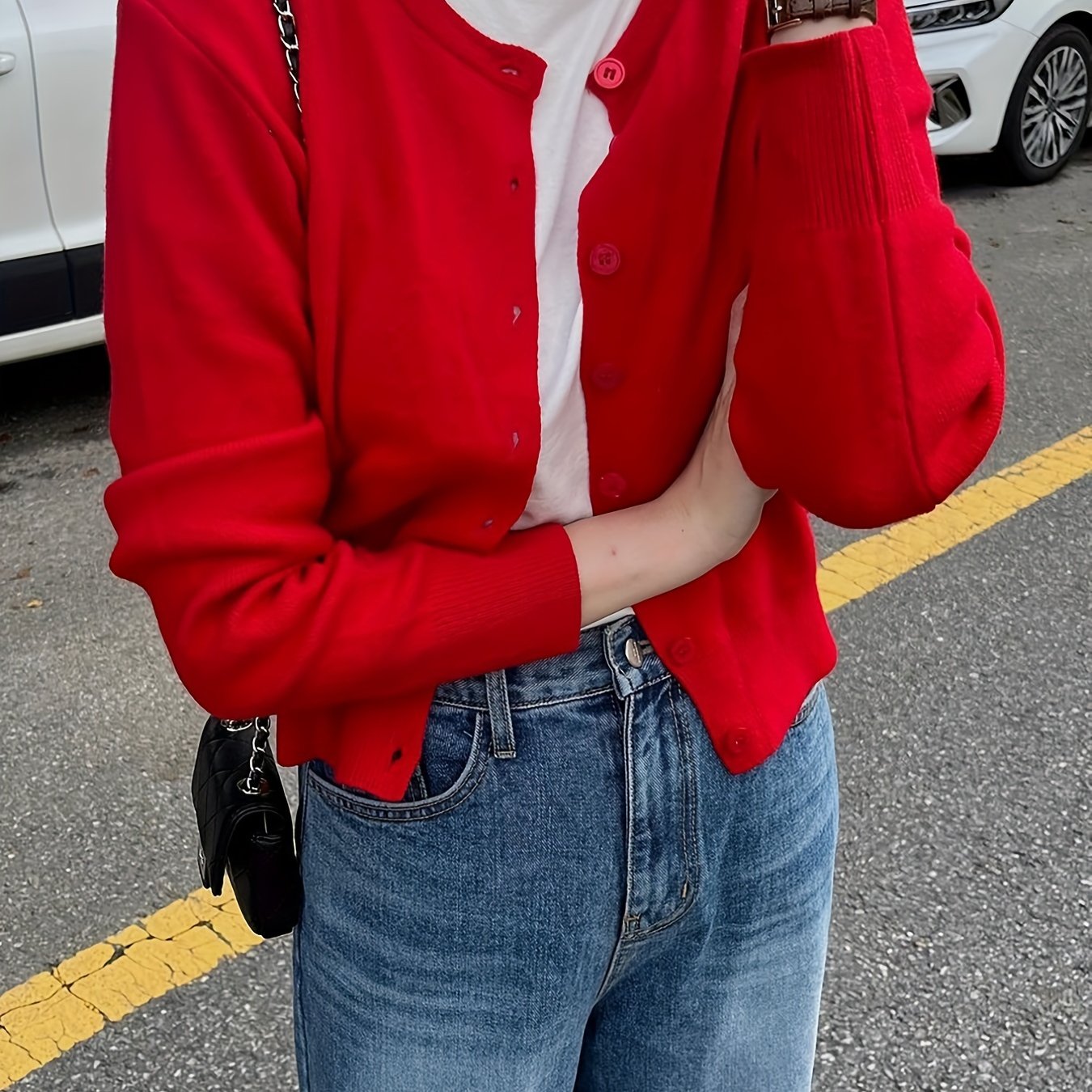 TEMU Kardigan Damski Elegancki Casual - Okrągły Dekolt, Długi Rękaw z Guzikami, Jednolity na Każdą Porę Roku, Miękka i Trwała Tkanina do Codziennego