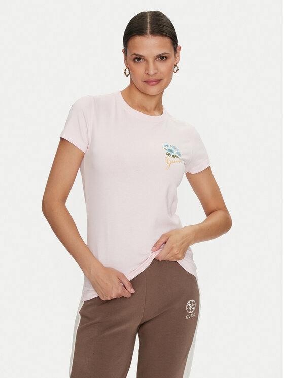 Guess T-Shirt Flowers W4YI30 J1314 Różowy Slim Fit