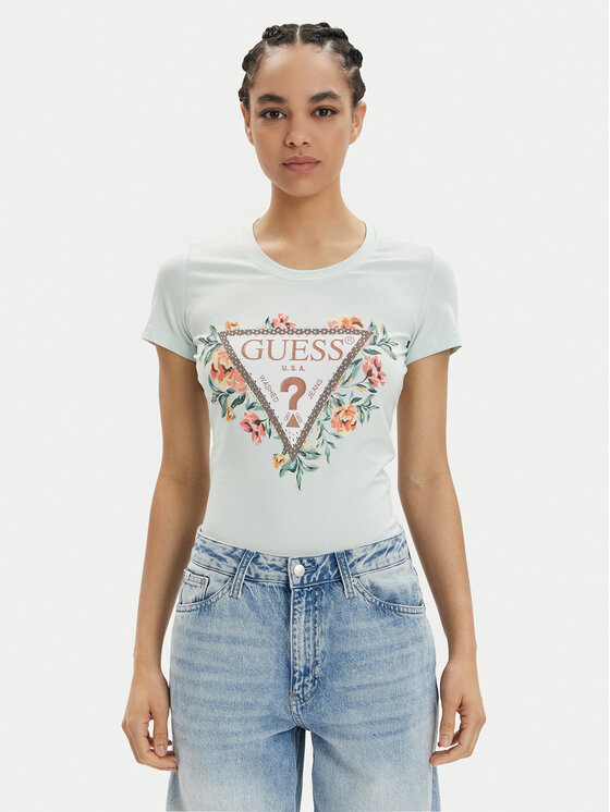 Guess T-Shirt W4GI24 J1314 Błękitny Slim Fit