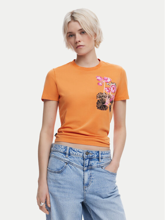 Desigual T-Shirt Botanical 25SWTK48 Pomarańczowy Slim Fit