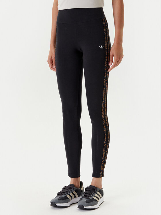 adidas Legginsy Leopard 3-Stripes JW7307 Czarny Slim Fit