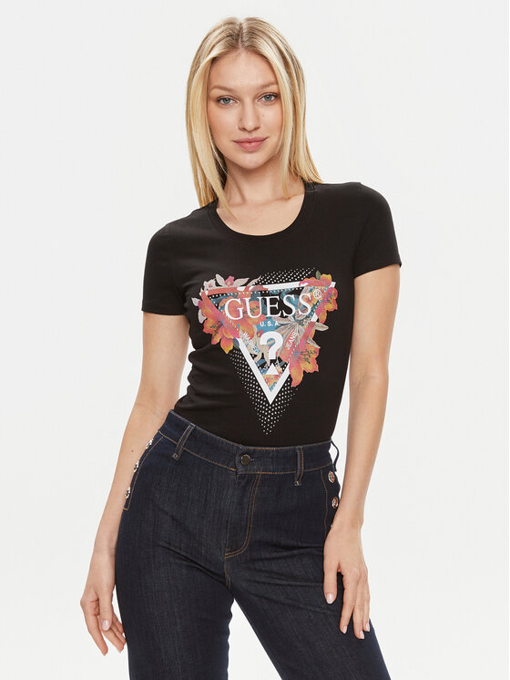 Guess T-Shirt Ss Cn Tropical Train W4GI62 J1314 Czarny Slim Fit