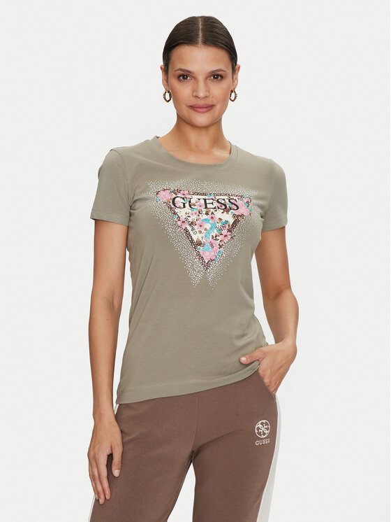 Guess T-Shirt Cherry Flower W4YI26 J1314 Zielony Slim Fit