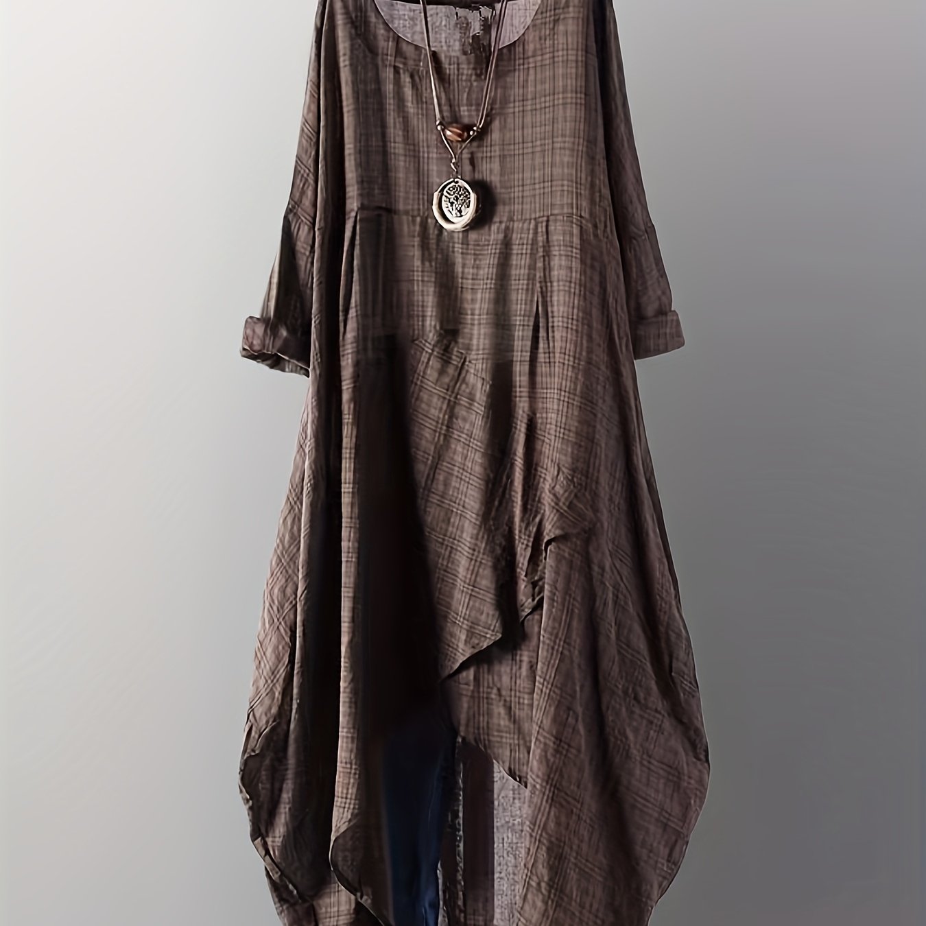 TEMU Klasyczna sukienka w kratę z asymetrycznym spodem - swobodny, okrągły dekolt, długie rękawy, brązowy i beżowy wzór w kratę, idealna na