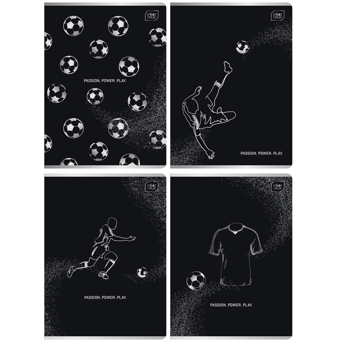 4X ZESZYT A5, 60 KARTEK, LINIA, METALIC FOOTBALL BLACK, CHŁOPIĘCE, INTERDRUK