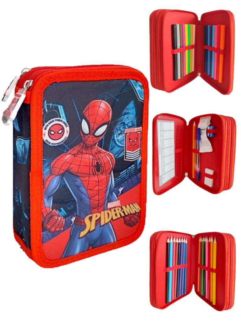 Piórnik szkolny z wyposażeniem trzykomorowy Spiderman