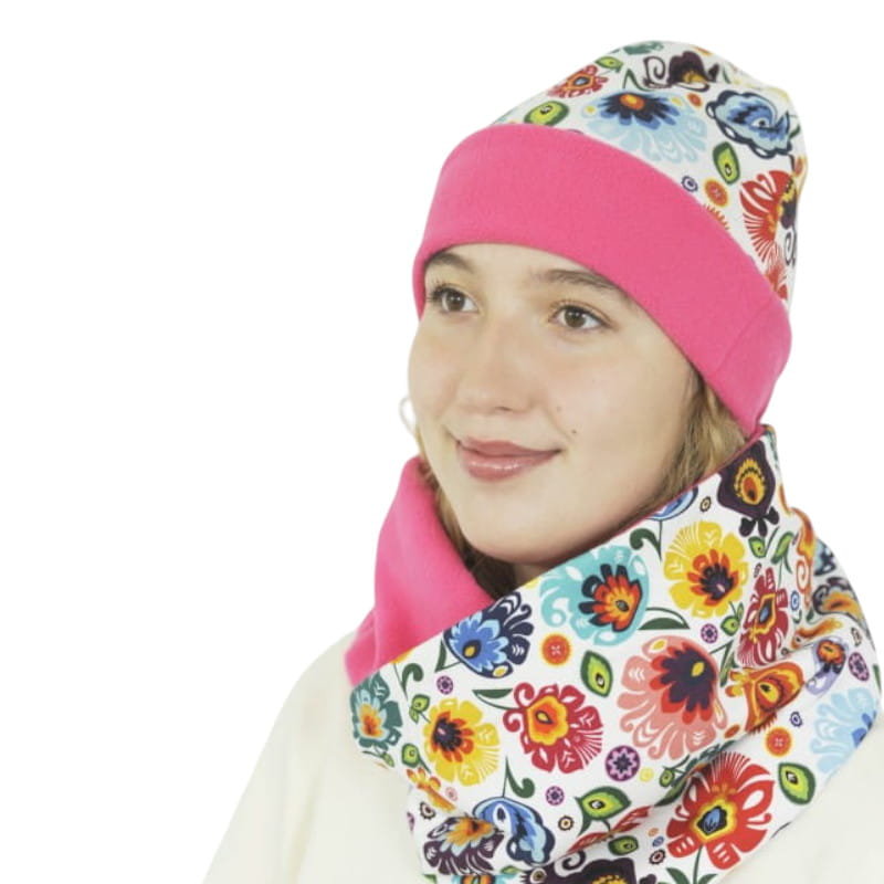 Komplet czapka i komin folk łowicki różowy