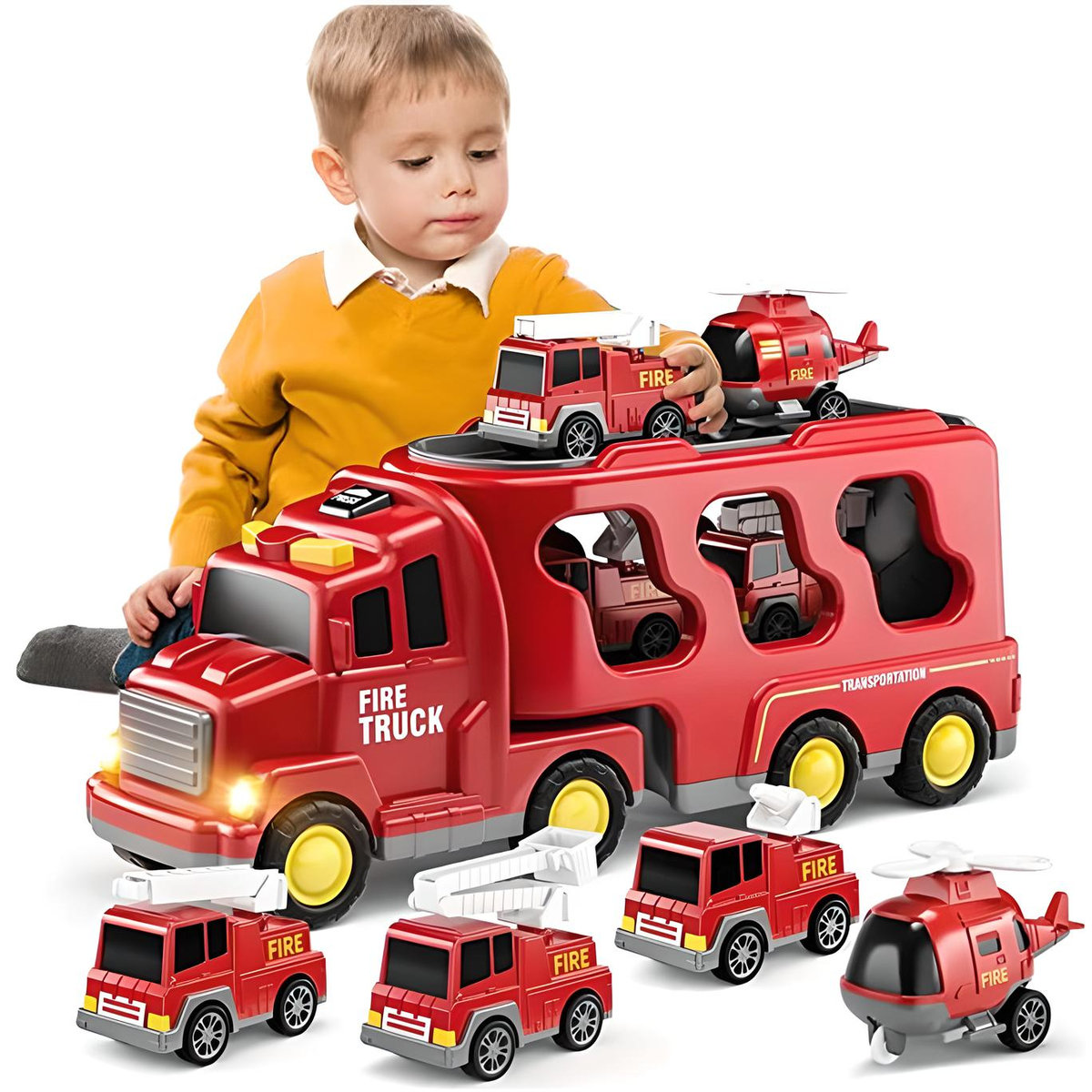 DUŻY ZESTAW SAMOCHODÓW wóz strażacki 7W1 AUTKA zabawka dla dzieci MUZYKA PL + 4 samochody