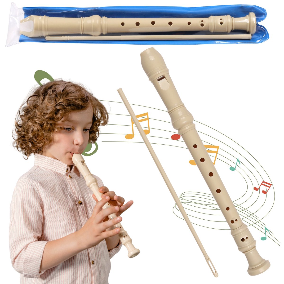 PLASTIKOWY Flet prosty W ETUI, 8 otworów + przyrząd do czyszczenia, FLET SZKOLNY dla dzieci 3+