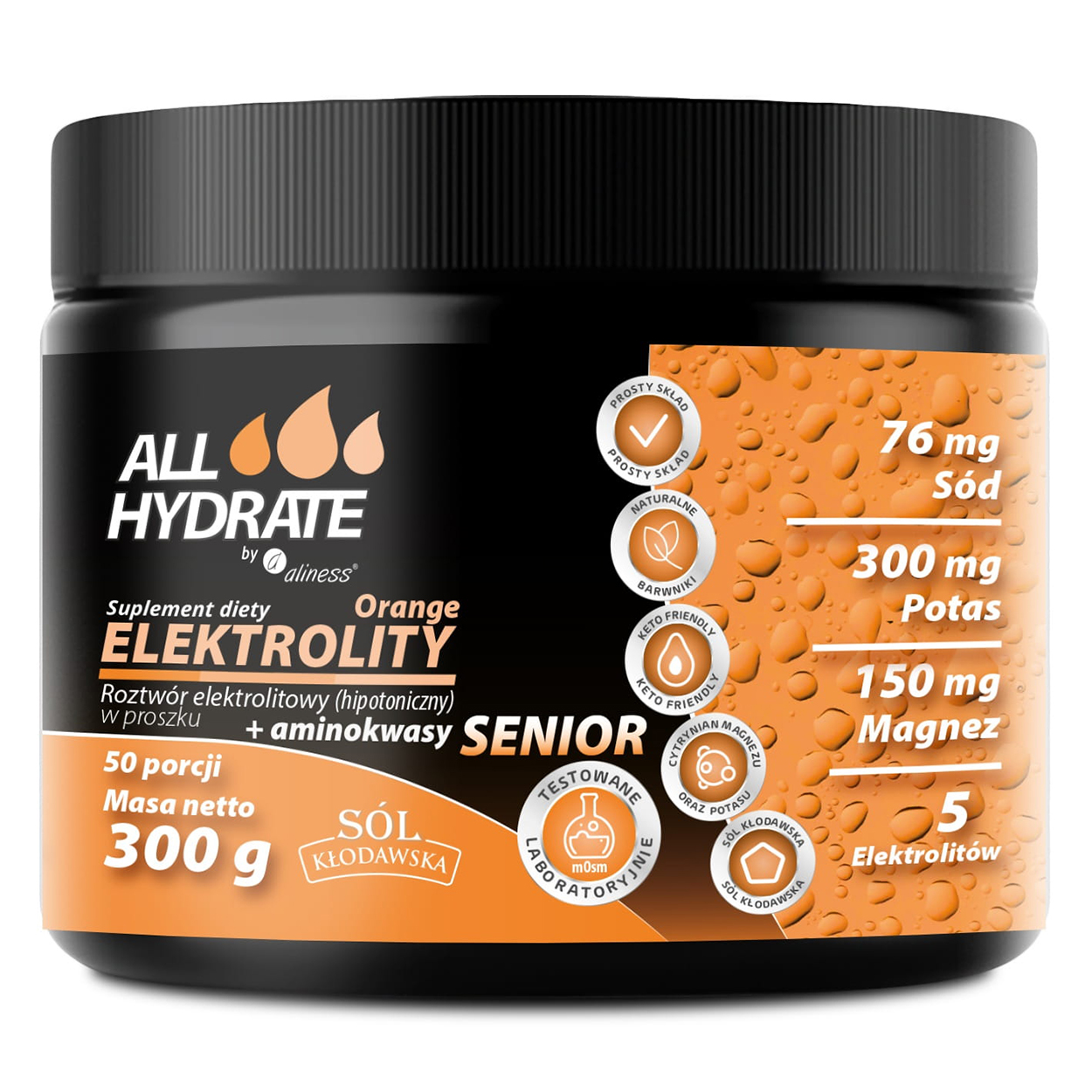 ALLHydrate Elektrolity Senior z aminokwasami, smak pomarańczowy, 300 g