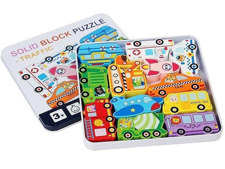 Puzzle drewniane pojazdy w metalowym pudełku - puzzle