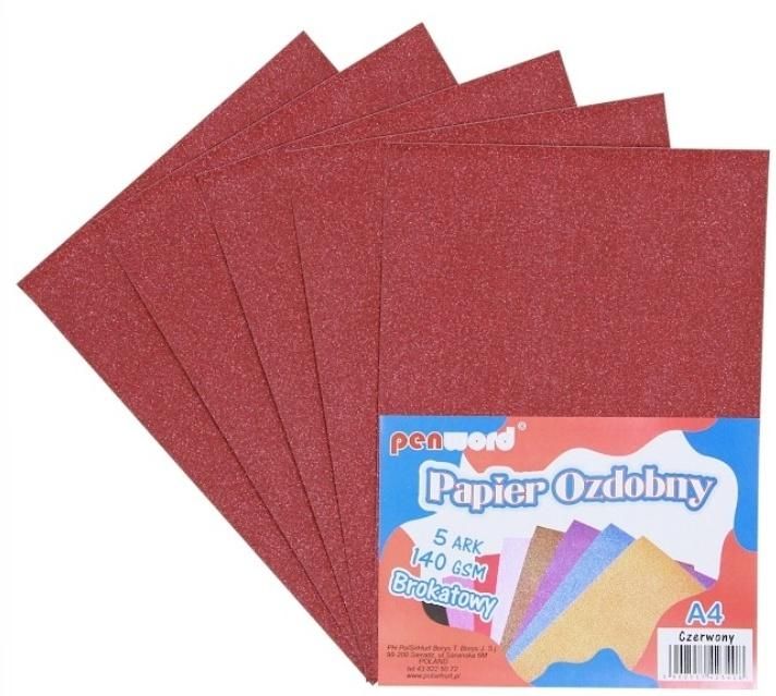 Papier ozdobny A4 brokatowy 140g czerwony 5ark