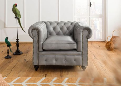 CHESTERFIELD Fotel #202 Szara skóra naturalna 105x82x75 cm