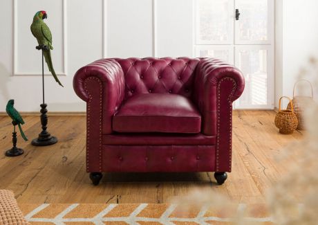 CHESTERFIELD Fotel #402 Czerwona skóra naturalna 105x82x75 cm