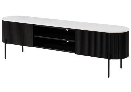 BARCELONA Szafka RTV #112 Mango czarna lakierowana + Marmur biały 220x36x51 cm