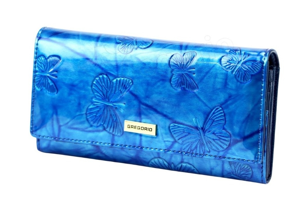 Portfel Damski Skórzany GREGORIO Długi Max Z Klamrą Lakierowany BTS-100 NIEBIESKI RFID 18,5 x 9,5 x 3,5 [cm]