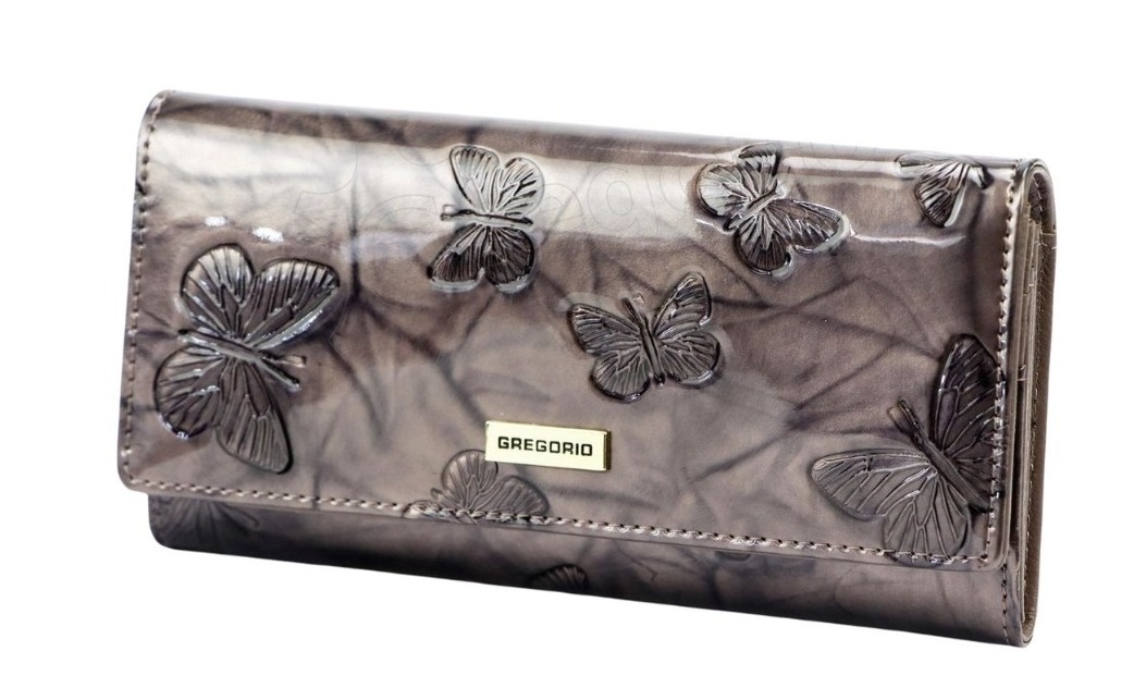 Portfel Damski Skórzany GREGORIO Długi Max Z Klamrą Lakierowany BTS-100 SZARY RFID 18,5 x 9,5 x 3,5 [cm]