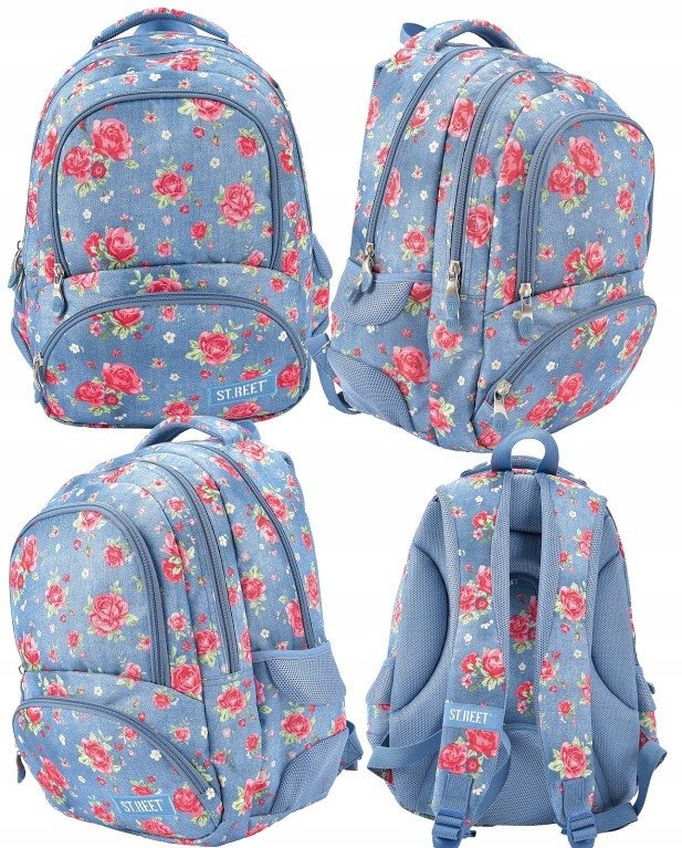 PLECAK SZKOLNY WIELOKOMOROWY KWIATOWY BŁĘKITNY KLASA 4 5 6 7 8 Majewski