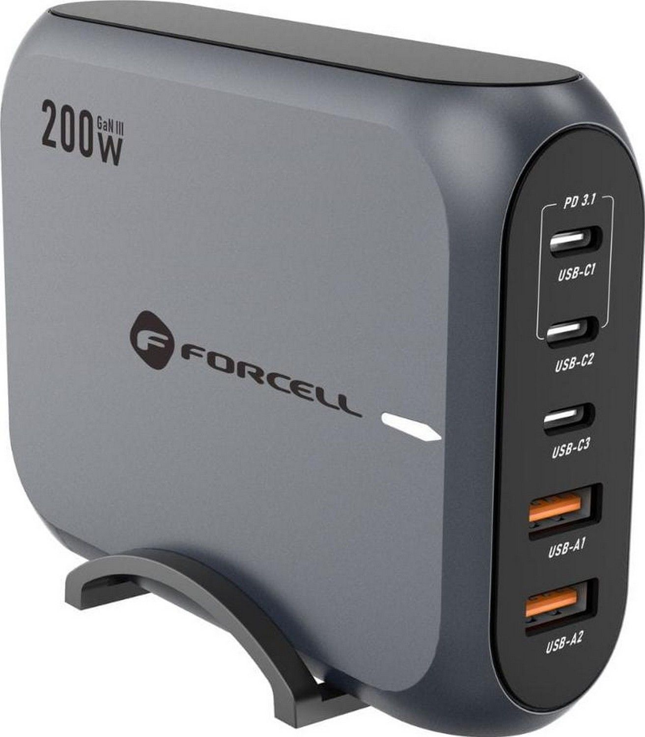 FORCELL F-ENERGY GaN III VT-51 ładowarka biurkowa 3 x Typ C + 2 x USB A PD QC4.0 SFC2.0 5A 200W szara