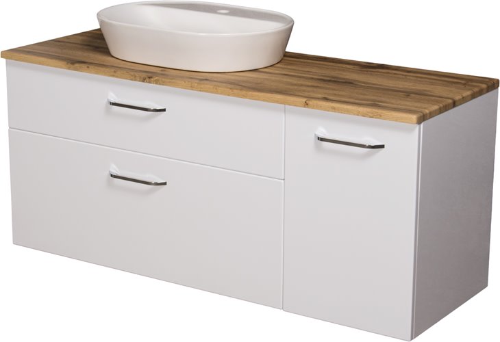 Szafka łazienkowa wisząca z umywalką nablatową i koszem 140 cm SETTO MODULO kolor biały połysk