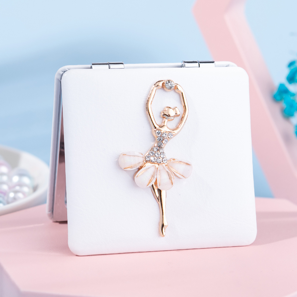 TEMU Eleganckie Lusterko Baletnicy - Dwustronne, Składane, Przenośne Akcesorium do Makijażu z Powiększeniem, Złota Ramka z Syntetycznej Skóry, 2.83 x
