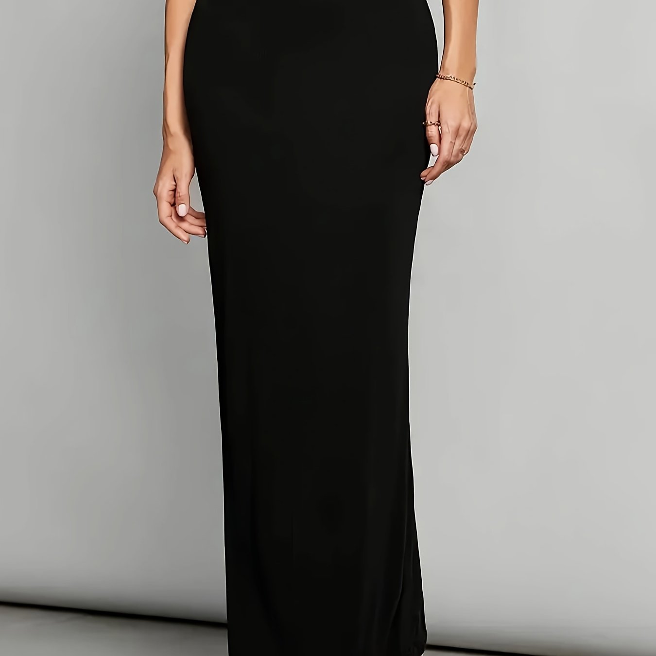 TEMU Elegancka Czarna Dzianinowa Spódnica dla Kobiet - Wysoki Stan, Dopasowana, Możliwość Prania w Pralce, Elastyczny Poliestrowy Materiał na