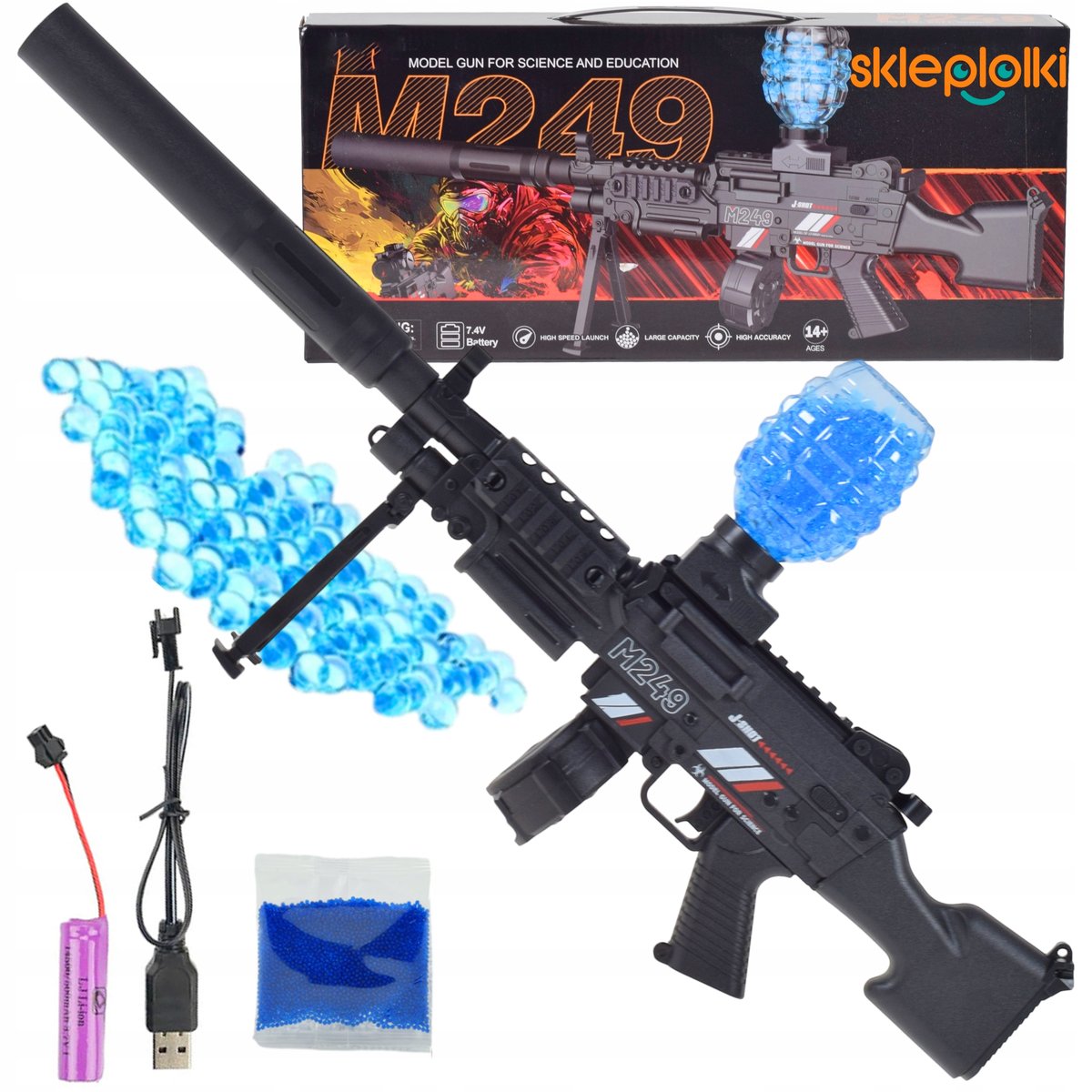 DUŻY KARABIN AUTOMAT ELEKTRYCZNY 2W1 ASG KULKI ŻEL-WODNE M249 ZABAWKA